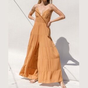 Fabulous Boho Chic Crochet Inset Tiered Wide Leg Summer Jumpsuit